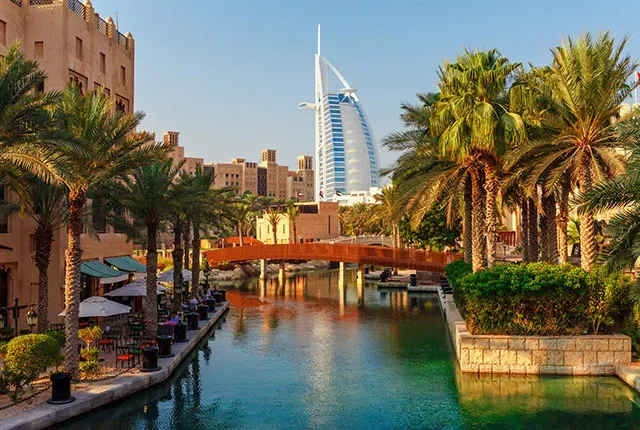 A river with a bridge and palm trees